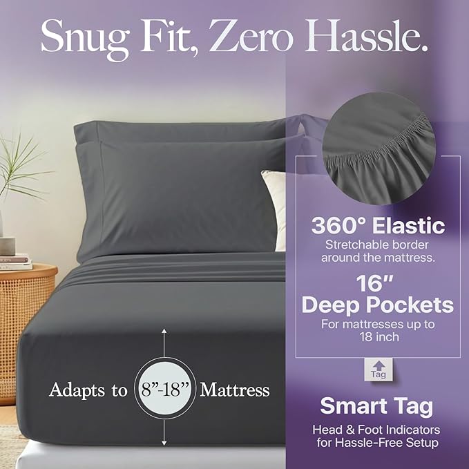 Carressa Linen California King Egyptian Cotton Sheet Sets - 600 Thread Count Cal King Cotton Sheet Set (4 PC, Graphite Gray), Extra Soft, Cooling, 16" Deep Pocket Sateen Weave Luxury Hotel Bed Sheets