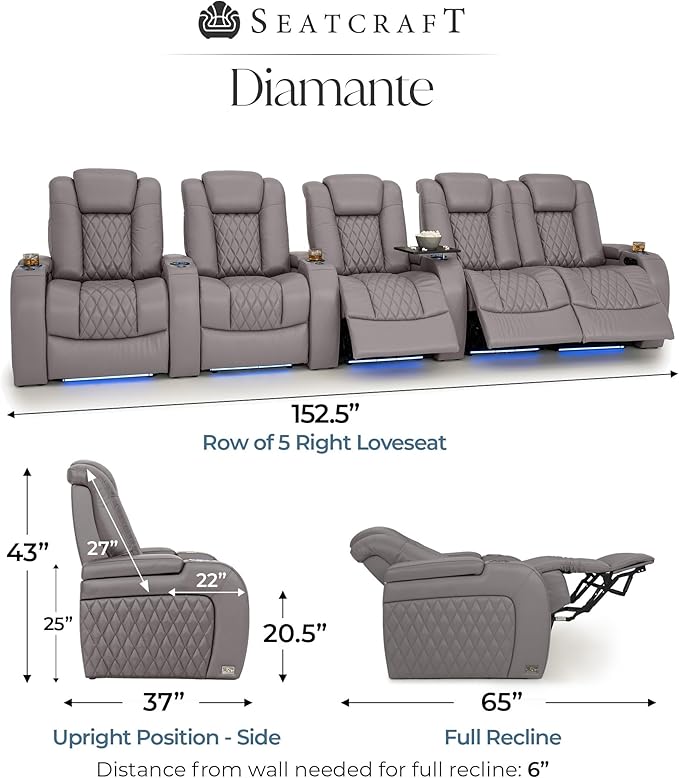 Seatcraft Diamante Zero-Gravity CoolZero Italian Leather Home Theater Seating, Power Headrest, Power Recline, Row of 5 Right Loveseat, Gray