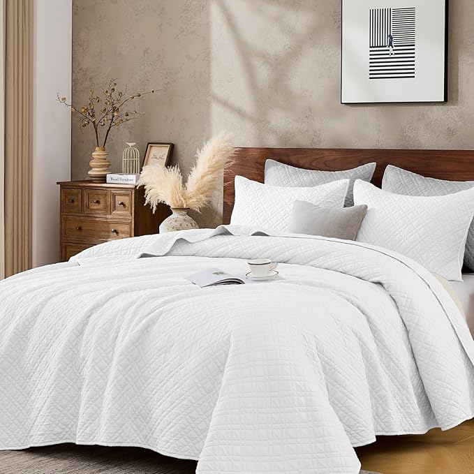 Cali King Quilt Set with Shams Lightweight Quilted Bedspread Coverlet Thin Comforter Bed Cover Vintage Washed Quilted Blanket for All Season, Brushed Microfiber Diamond Stitching, White, 111"x92"