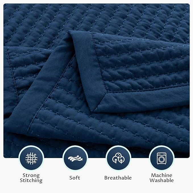 KASENTEX King XL Quilt Set 108"x98" – Soft Washed 3-Layer Lightweight Bedspread, Minimalist Nordic Design, All-Season Spring & Summer Quilt Set (1 Quilt + 2 Pillow Shams),Dress Dark Blue
