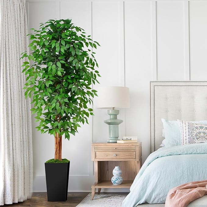 7ft Ficus Artificial Tree with 3 Natural Curved Trunks, 84" Tall Lush Faux Tree for Home Decor Indoor, Green Lifelike Fake Ficus Tree with Black Planter Pot