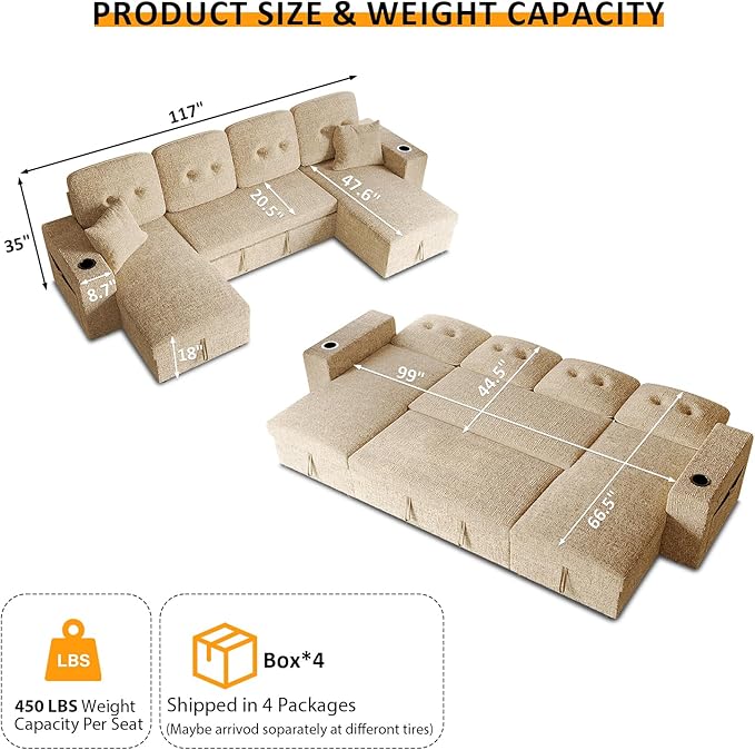 117" Sleeper Sofa Bed, U-Shaped Sofa with Dual Reversible Storage Chaise | Adjustable Backrest | Wide Armrest, Sectional Couches for Living Room, 4 in 1 Pull Out Couch Bed, Khaki Chenille