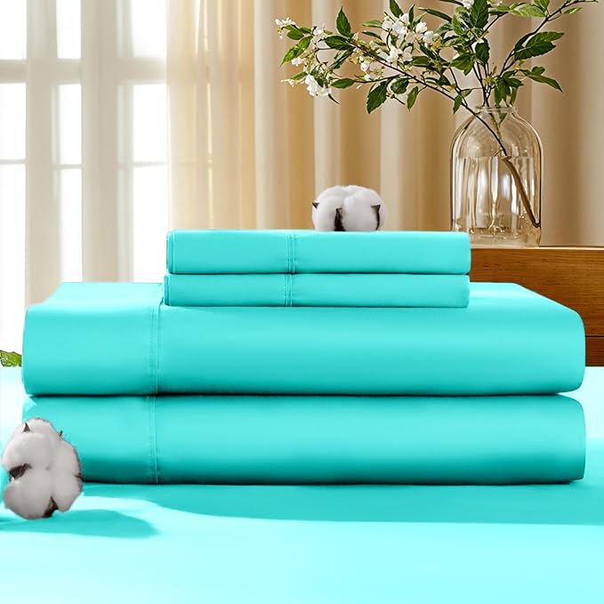 LBRO2M 100% Cotton Sheets Set Deep Pocket 19", 1000 Thread Count Full Size 4 Piece Bed Sheet Sets Soft Comfortable Bedding All Season (Full, Lake Green)