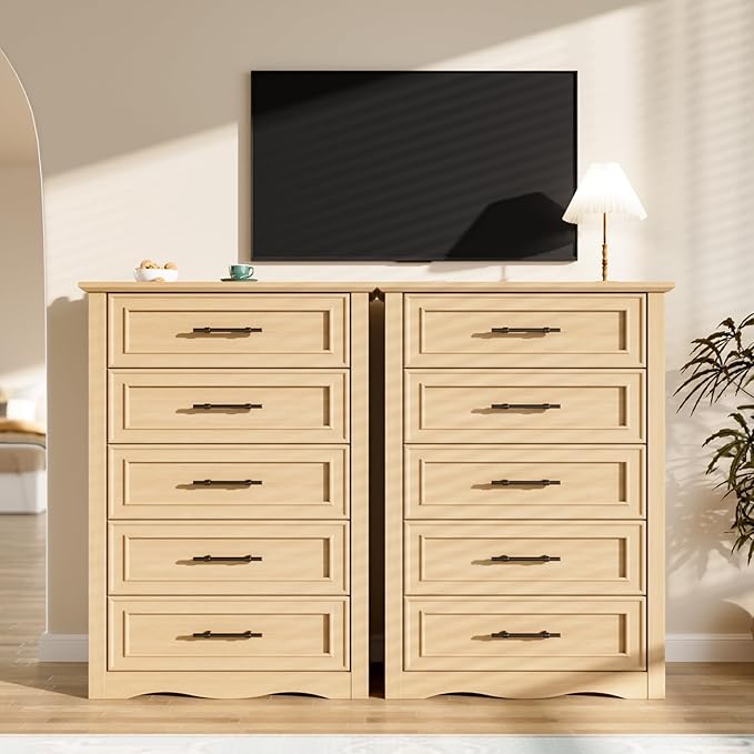 Farmhouse 5 Drawers Dresser, 45.5" H Modern Country Storage Dressers with Brushed Metal Handles, Wood Storage Organizers for Bedroom, Living Room, Hallway, Light Oak