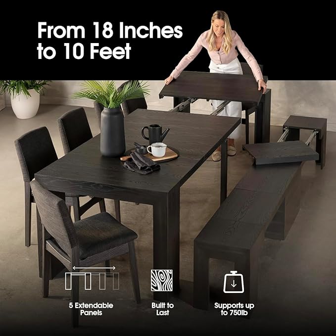 Transformer Table - Solid Wood Extendable Dining Table, Seats 2-12, Extendable Dining Room Table, Space-Saving Furniture, Expandable Dining Furniture (Black, Table + Bench + Coffee Table)