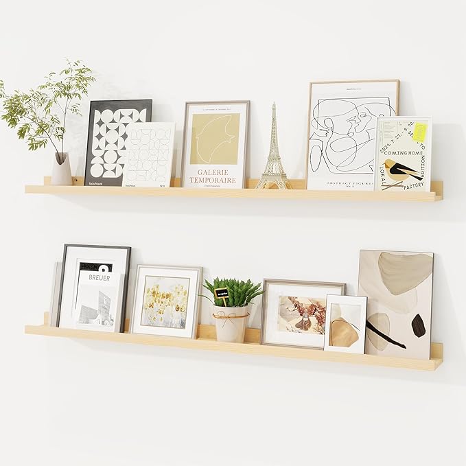 Picture Ledge Shelf, Floating Shelves Set of 2, 40 Inches Solid Wood Nursery Book Shelves for Toys Storage, Kids Bookshelf Wall Mounted for Living Room Decor Books Photo Frames, Unfinished Natural