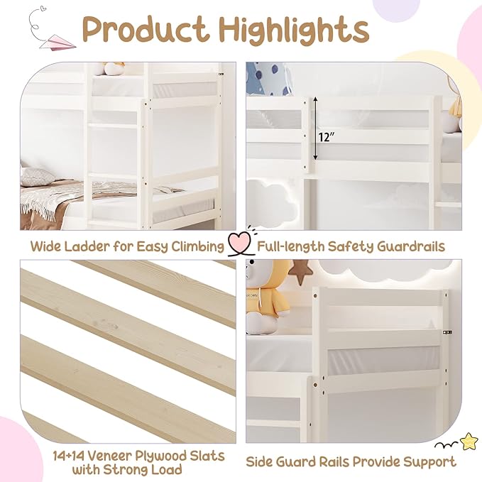 KOMFOTT Wood Bunk Bed Twin Over Twin, Bunk Bed with Ladder & Safety Guardrail, Solid Wood Bed Frame, Ideal for Dormitory & Multiple-Child Family, No Box Spring Needed, Kids Bed Frame