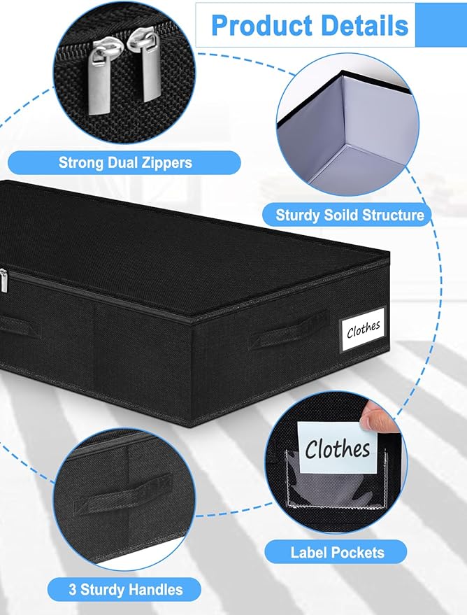 Under Bed Storage Bags with Zipper, 7 Inch Tall Underbed Storage Containers with Rigid Sides & Bottom,30x15x6.7 Inches, Large Clothes Organizer Box for Bedroom, Dorm, Couch, Black