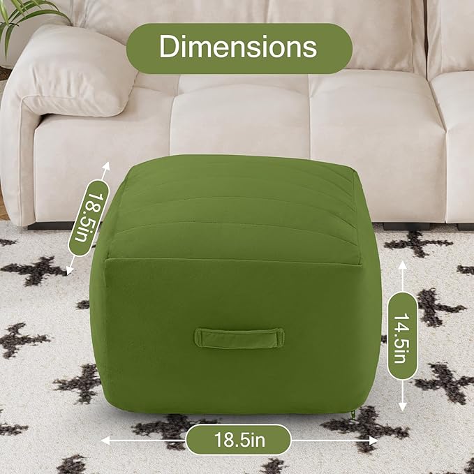 MeMoreCool Square Pouf Ottoman – Stuffed Foam Footrest for Living Room, Green Soft Velvet Texture | Portable Handle | Machine Washable Cover | Compact & Cozy Floor Seat