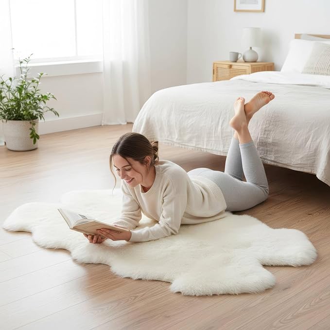 Premium Fluffy Sheepskin Rug - Four Pelt Fur Rugs for Living Room, Bedroom or Fireplace - Natural Sheep Skin, Shaggy - Irregular Shaped Genuine Fuzzy Feel - 4ft x 6ft