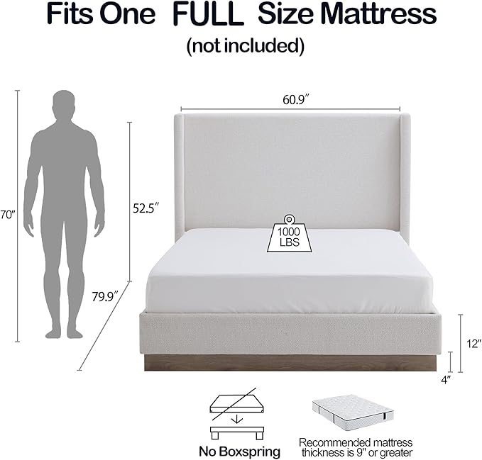 Full Size Upholstered Platform Bed Frame, 52.5" Tall Headboard Hosford Wingback Bedframes, Wood Base Floor Beds, No Box Spring Needed, No Noise, Minimalist, Cream White Boucle