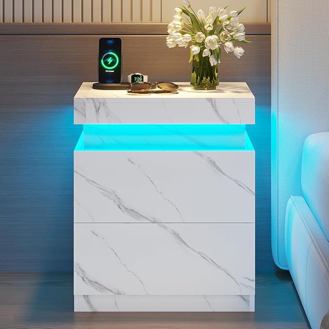 ADORNEVE Nightstand Set of 2,Night Stand with Charging Station & LED Light & Sliding Top,Bedside Table with Drawers,Modern Bed Side Tables Bedroom,White Marble