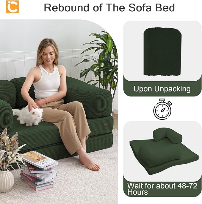 COMAX 4‑in‑1 Futon Sofa Bed Queen – Floor Foldable Convertible Sofa Couch with L‑Shaped Armrests, Removable Cover, Green Convertible Guest Bed | Space‑Saving Fold‑Out Mattress Lounge for Living Room