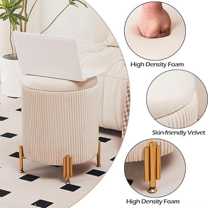 Mxfurhawa Round Ottoman Foot Stool with Storage and Metal Legs for Living Room Bedroom, Velvet Upholstered Footrest Stool Support 300lbs Modern Padded Seat Ottoman Coffee Table (Beige)