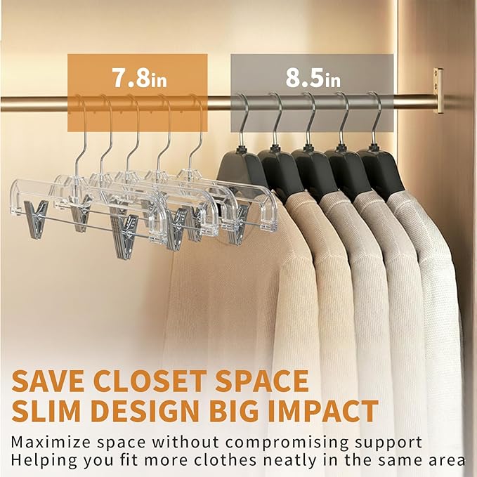 12 Pack Premium Clear Pants Hangers, Plastic Hangers with Adjustable Clips Non-Slip Clip 360° Swivel Hook for Pants, Trousers