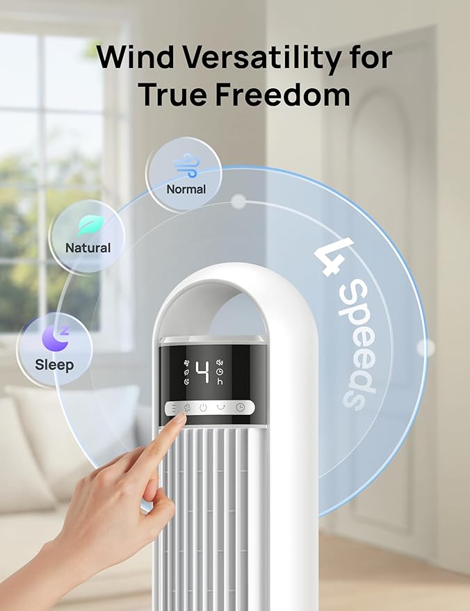 DREO Tower Fan for Bedroom, 4 Speeds, 3 Modes Standing Fans for Room with 90° wide Oscillating, 28dB Quiet for Sleep, 25ft/s Velocity, 29ft Coverage, 8H Timer, Remote, Living Room, Office, Home, White