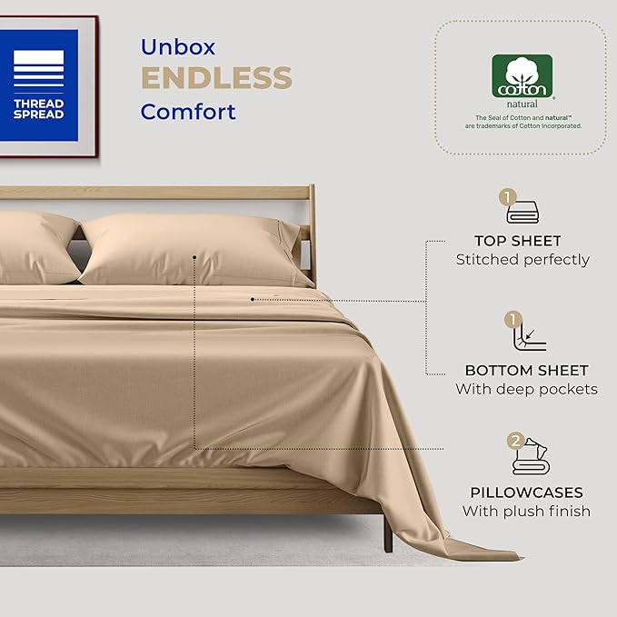 THREAD SPREAD 400 Thread Count King Cotton Sheets - 4 PC King Size Bed Sheet Set Cotton (Taupe), Soft, Cooling, Hotel-Quality 16" Deep Pocket Sateen Bedsheet for Hot Sleepers (Fits 18" Mattress)
