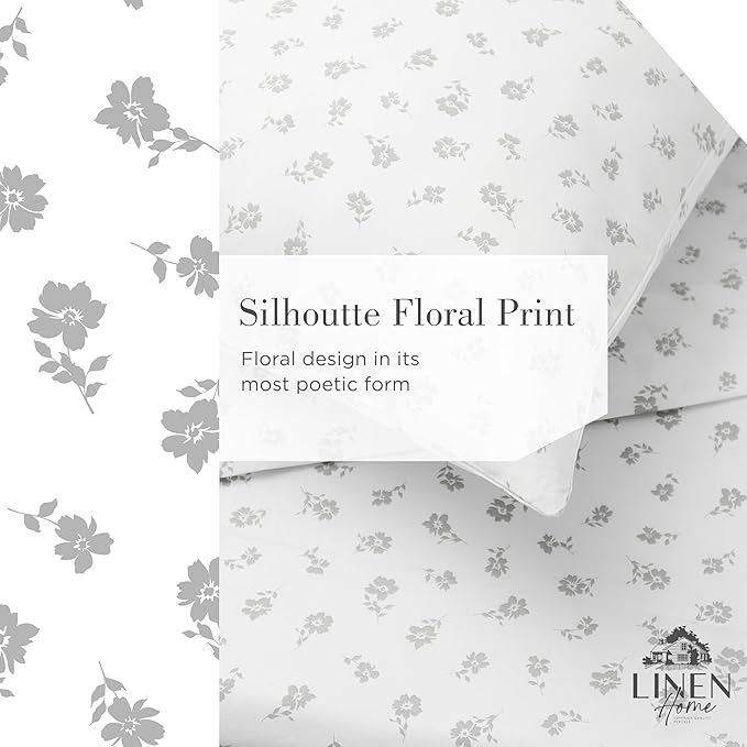 Linen Home 100% Cotton Printed Percale Sheets California King Size, Deep Pocket, 4 Pieces Set - 1 Flat, 1 Deep Pocket Fitted Sheet and 2 Pillowcases, Crisp Cool Bed Linen, Grey Silhouette Floral