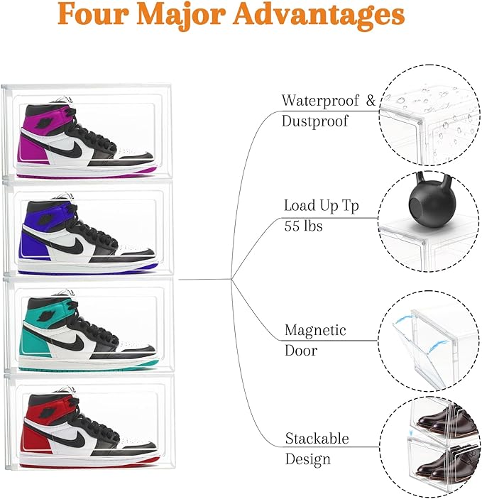 8 Pack Shoes Box Sneaker Display Case Size 13 Plastic Shoe Organizer for Closet Space-Saving Foldable Shoe Rack Sneaker Container Bin Holder