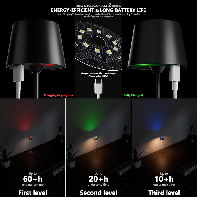 Modern LED Color-Changing Cordless Table lamp, 7 Colors, metal Shade, Touch control with sleep mode for Restaurant, Bedroom, Outdoor Camping, Coffee Shop, Night Light, Rechargeable (Black 1pack)