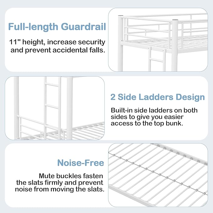 VECELO Bunk Bed Twin Over Twin with Trundle, Metal Bunkbeds with Ladder and Full-Length Guardrail, No Box Spring Needed, Space Saving, Noise Free, White