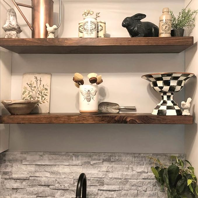 URBANDI, Rustic Floating Shelves, Set of 2, Hidden Bracket, Solid Wood, Heavy Duty, Wall Mounted Shelves, (Provincial, 48Wx10D)