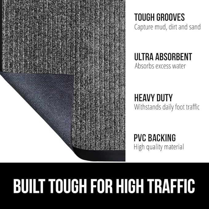 GORILLA GRIP Waterproof Traffic Guard Door Mat, 59x24, Heavy Duty Entryway Mats, Strong Rubber Back Commercial Rugs for Office Hallway, Garage Floor and Home, Low Profile Carpet Runner, Light Gray
