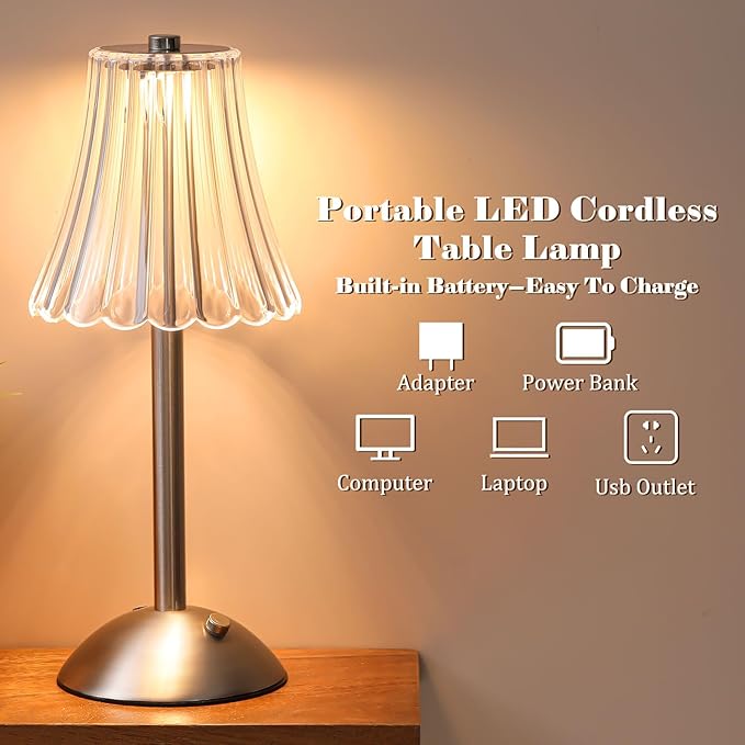 Liliful 2 Pcs Cordless Table Lamp Rechargeable Touch LED Small Gold Portable Battery Operated USB-c Desk Lamp 3 Color Dimmable for Bedroom Living Room Dining (Silver,Rose Style)