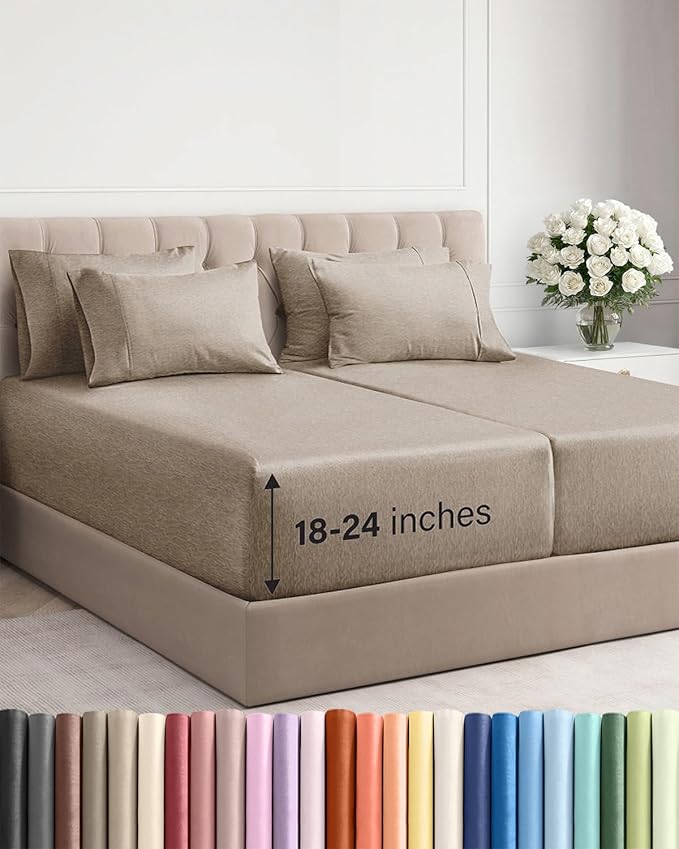 Extra Deep Split King Sheet Set - 7 Piece Breathable & Cooling Sheets - Hotel Luxury Bed Sheets Set - Easy Fit - Soft, Wrinkle Free & Comfy Sheets Set - Heathered Beige Sheet Set w/Extra Deep Pockets
