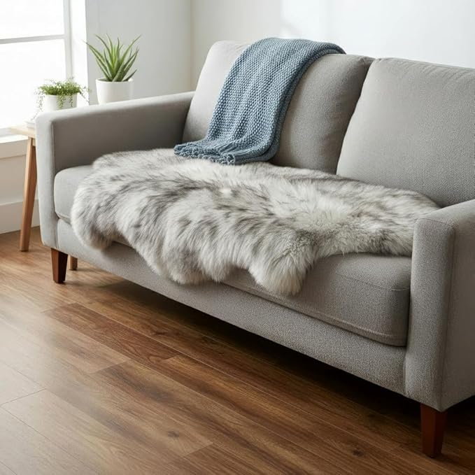 Premium Genuine Sheepskin Rug 2' x 6' Long Fur Soft & Natural Bedside Area Rug, Wolf Tip Brown, Double Pelt