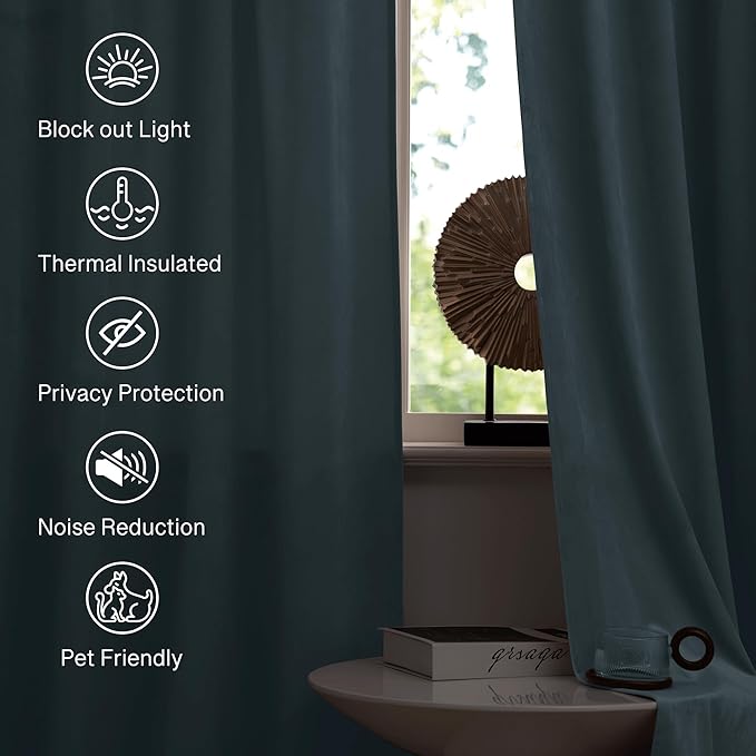 StangH Stone Blue Velvet Curtains for Living Room 62 inches Wide Soft Room Darkening Privacy Protect Drapes for Window Covering/Sliding Door/Office Divider, W62 x L90, 2 Panels