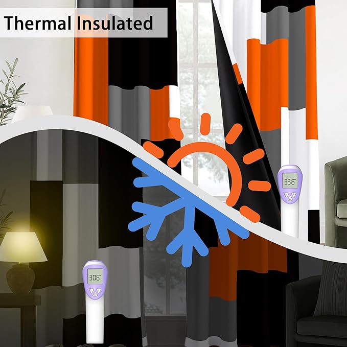 Orange 100% Blackout Curtains for Bedroom 108 inch Extra Long 2 Panels Set Black White Grey Modern Abstract Geometric Black Out Curtains Room Darkening Window Drapes for Living Room, 52Wx108L
