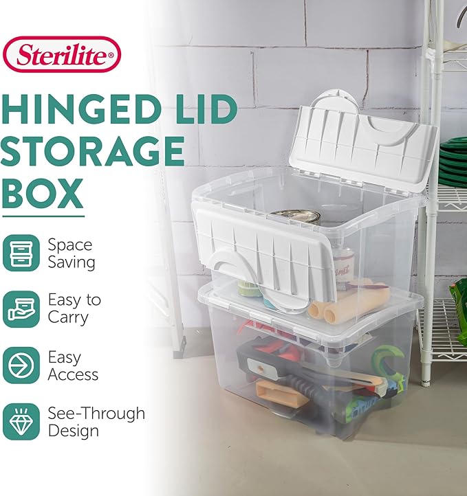 Sterilite 48 Qt Hinged Lid Storage Box, Stackable Bin with Lid, Plastic Container to Organize Home, Office, Basement, Clear with White Lid, 24-Pack