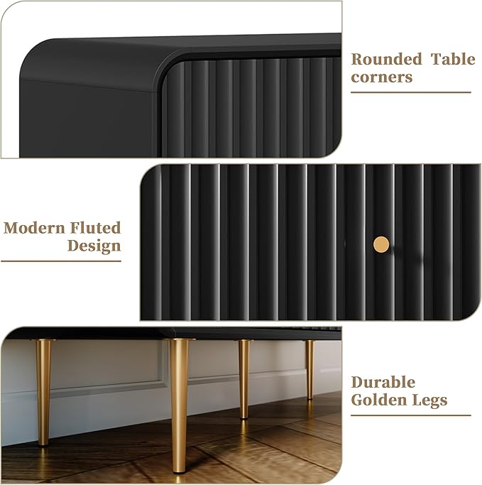 HLR Fluted 6 Drawers Dresser, 48'' Wide Modern Chest of Drawers with Gold Metal Handles,Dresser TV Stand for 2 Piece, Wood Dressers & Chest of Drawers for Bedroom, Living Room, Hallway (Black)