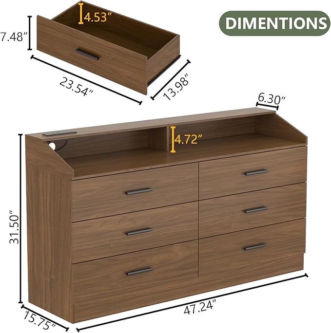 6 Drawer Dresser with Power Outlet, Chest of Drawers with LED Light, Modern Dresser with Open Storage Cubby, Double Wide Dressers Organizer for Bedroom, Living Room, Entryway,Hallway