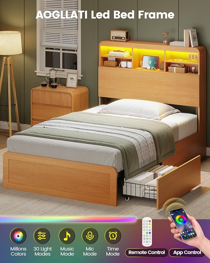 AOGLLATI Twin Bed Frames with 4 Storage Drawers and Hidden Storage Headboard, Wood Led Fluted Twin Bed with Charging Station and Curved Profile Design, No Box Spring Needed, Wood