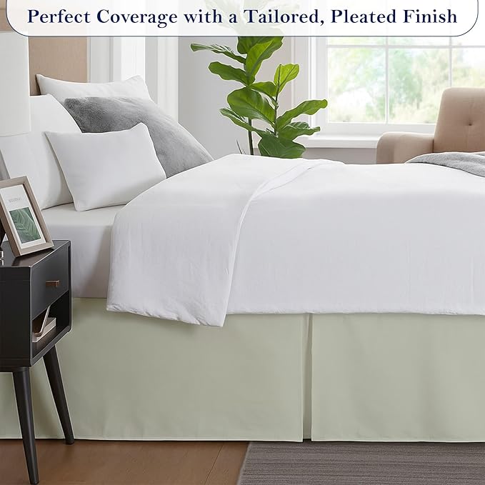 Twin Bed Skirt, Luxury 15 Inch Drop Ivory Pleated Bed Skirt, Double Brushed Microfiber, Box Pleat Design, Wrinkle & Fade Resistant, Easy Fit Tailored Bedskirt for Twin Size Beds