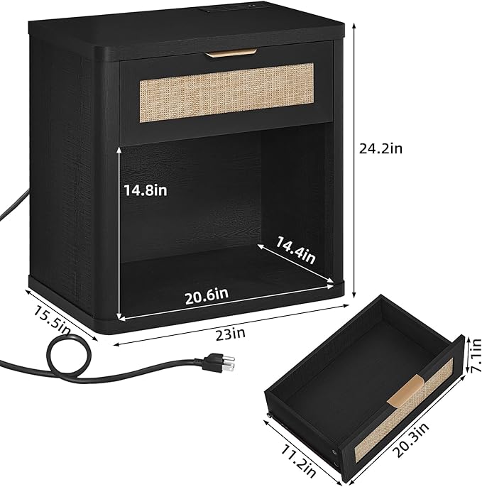 LEYAOYAO Rattan Nightstands Set of 2 with Charging Station, Black Night Stand with Drawer, 23" Wide Boho Bedside Table with Storage Shelf, Bed Side End Tables for Bedroom, Living Room, Hallway