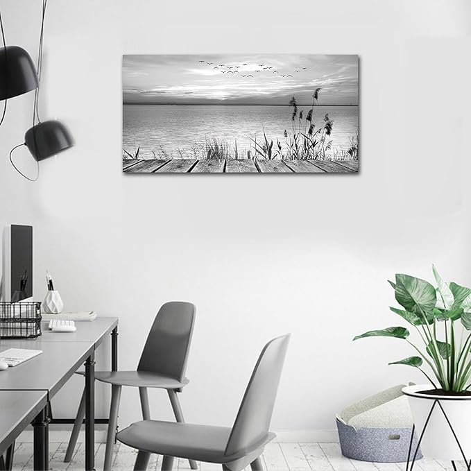 yearainn Black and White Canvas Wall Art Sunset Lake with Flying Birds Pictures for Wall Decor Nature Landscape Canvas Painting Artwork for Living Room Bedroom Home Office Wall Decoration 20" x 40"