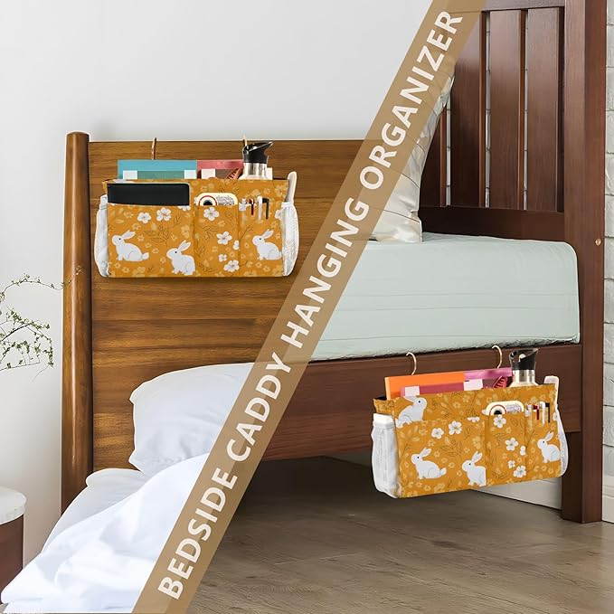 Bedside Caddy Hanging Bunk Bed Caddy Bed Organizer Hanging Pocket with 2 Hooks Bedside Storage Organizer Pocket Bag Holder White Flowers Bunny Orange Leaf
