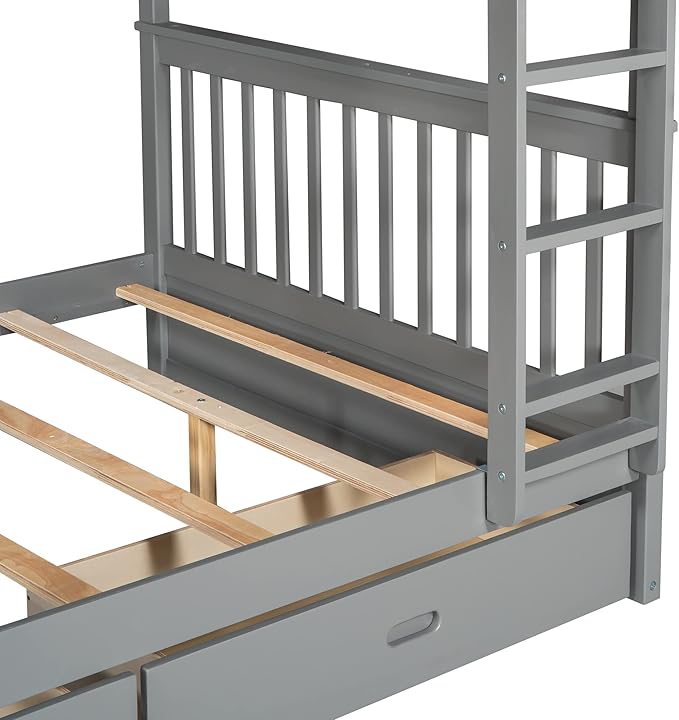 Merax Wood Bunk Bed with Drawers,Convertible Wood Bunk Bed with Ladders and Two Storage Drawers,Solid Wood Detachable Bed Frame with Ladders,Full Over Full,Grey