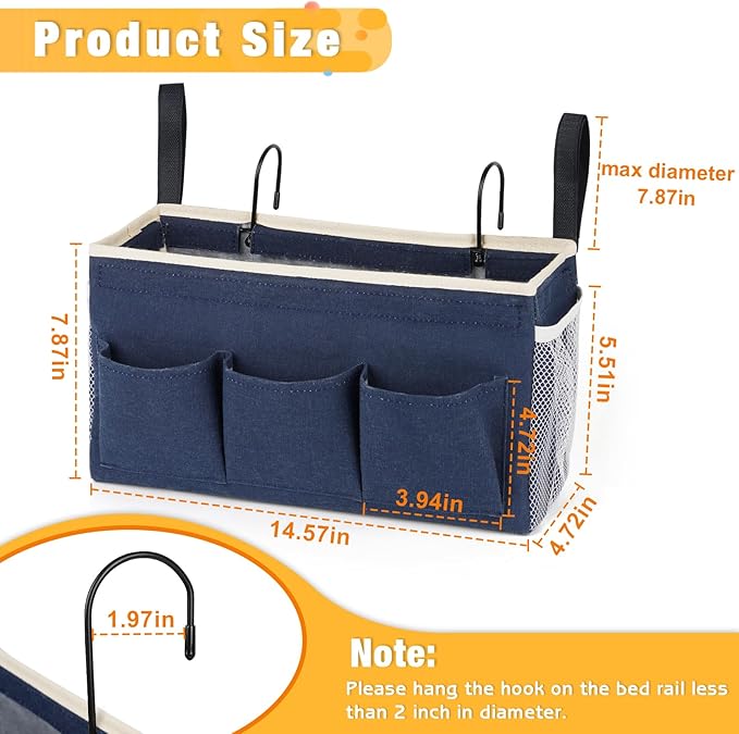 Lilithye Bedside Caddy Bedside Organizer Bedside Storage Caddy with Fixed Straps and Water Bottle Holder for Home College Dorm Bunk Bed Hospital Bed Crib Bed Rails (2pcs Navy Blue)