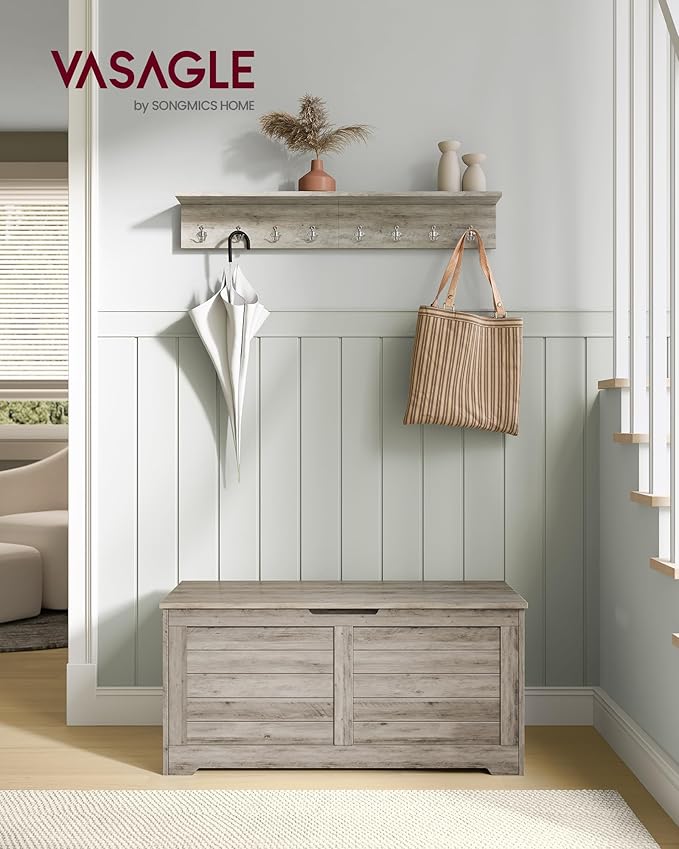 VASAGLE Storage Chest, Storage Bench with 2 Safety Hinges, Farmhouse Style, 15.7 x 39.4 x 18.1 Inches, for Entryway, Bedroom, Living Room, Heather Greige ULSB061K02