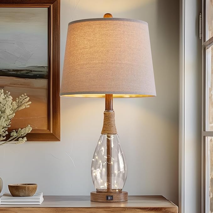 OYEARS Wood-Like Bedside Table Lamps Set of 2 with USB, Farmhouse Nightstand Lamps for Bedroom, Retro Rattan Table Lamps for Night Stands, Living Room, Boho Table Lamp with Glass Nightlight