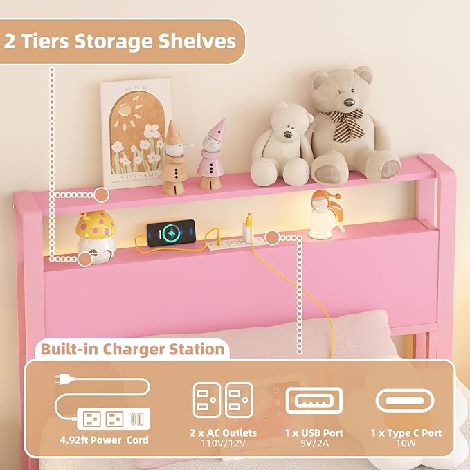 Twin Bed Frames with Charging Station, 2 Tiers Storage Headboard Twin Sized Bed No Box Spring Needed Heavy Duty Metal Platform for Girls, Pink