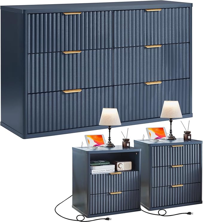 LEYAOYAO 48" Wide Fluted Dresser and 23" Nightstand Set of 2, Wooden Dresser & Night Stand with Charging Station, 3 Piece Bedroom Furniture Set, Chest of Drawer for Living Room,Blue