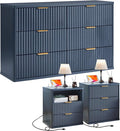 LEYAOYAO 48" Wide Fluted Dresser and 23" Nightstand Set of 2, Wooden Dresser & Night Stand with Charging Station, 3 Piece Bedroom Furniture Set, Chest of Drawer for Living Room,Blue
