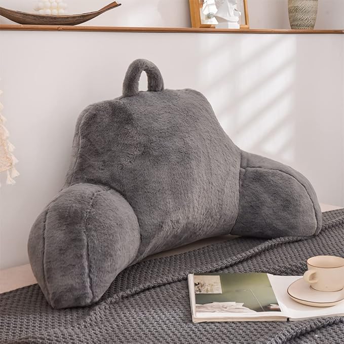 Holawakaka Large Reading Pillow for Sitting up in Bed Sofa Kids Teens, Backrest Pillow with Arms for Boys Girls Women Petites Pregnancy, Back Support Cushion for Couch Floor Nursery Playroom (Grey)