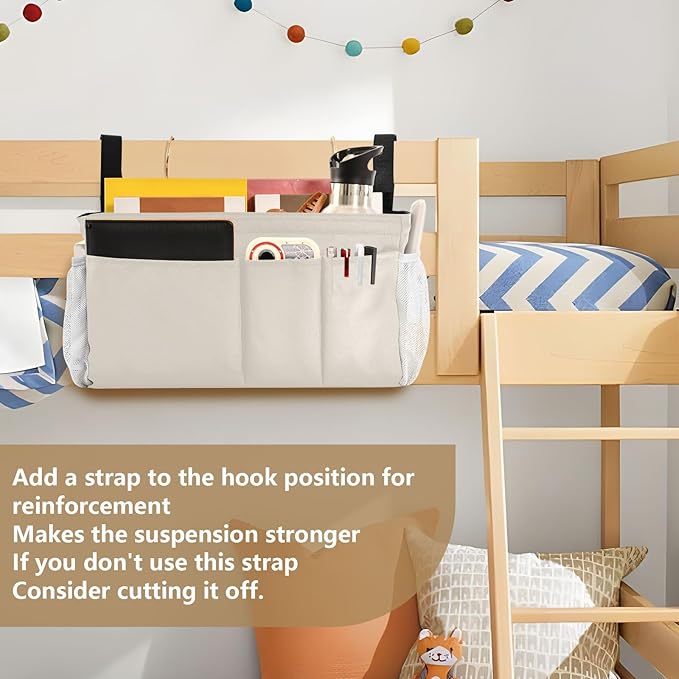 KOPIRIT Beige Bedside Caddy Storage Bag Bedside Organizer for Bed Rails College Dorm Room Organizer Caddy Hanging Shelf 6 Pockets with Hooks for Book Glasses Phone Holder
