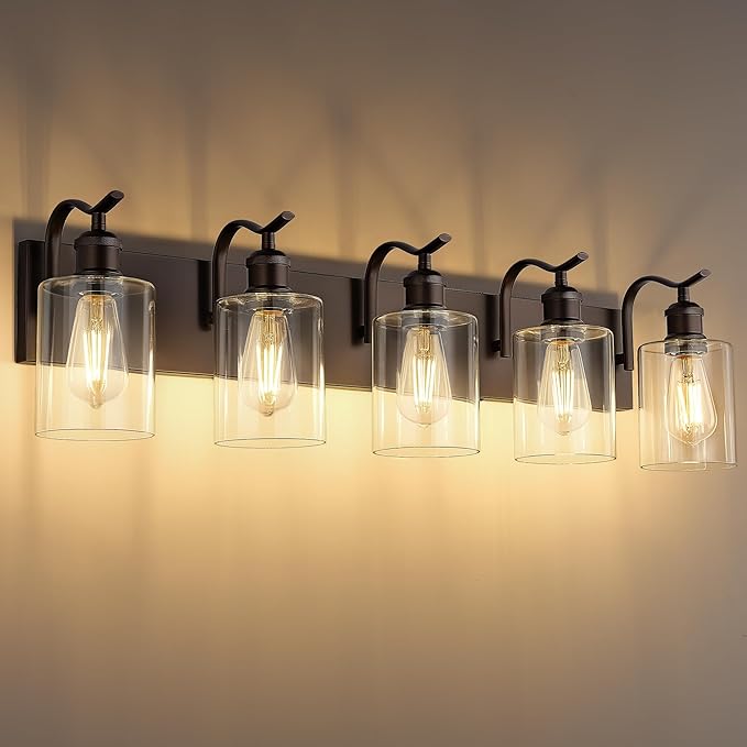 5 Light Bathroom Vanity Light, Morden Bath Lights Over Mirror Oil Rubbed Bronze Bathroom Sconce Lights with Clear Glass Shade ZCVL01ORB-5